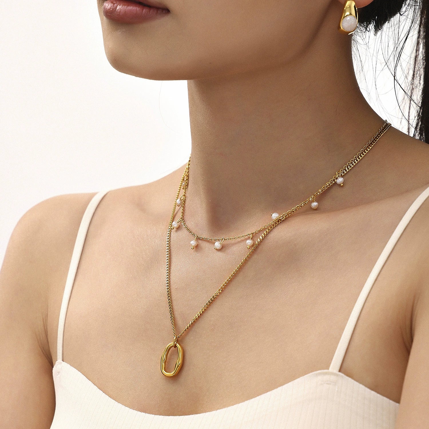 Wholesale Unisex Simple Minimalist Geometric Ferris Wheel Pendant Necklace With Pearl Tassel Double Layer Overlapping Stainless Steel Shell Beads Titanium Steel Electroplated - Image 3
