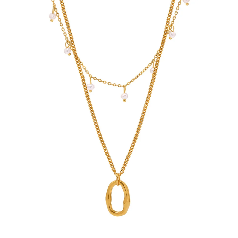 Wholesale Unisex Simple Minimalist Geometric Ferris Wheel Pendant Necklace With Pearl Tassel Double Layer Overlapping Stainless Steel Shell Beads Titanium Steel Electroplated - Image 5