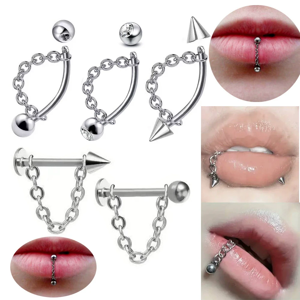Wholesale Unisex Stainless Steel Geometric Lip Nail Chain Round Ball Pointed Cone Lip Ring One Nail Dual Purpose Curved Rod Chain Eyebrow Nail Ear Bone Nail Electroplated