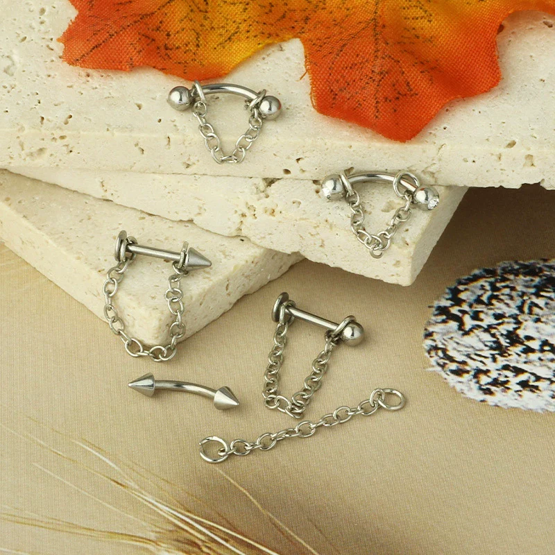 Wholesale Unisex Stainless Steel Geometric Lip Nail Chain Round Ball Pointed Cone Lip Ring One Nail Dual Purpose Curved Rod Chain Eyebrow Nail Ear Bone Nail Electroplated - Image 2