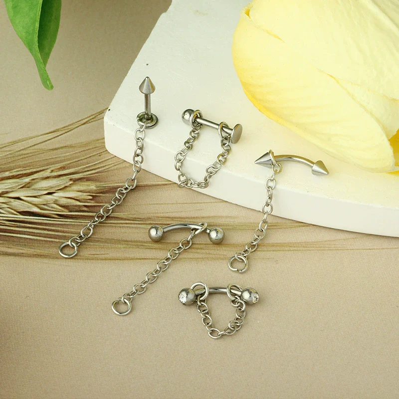 Wholesale Unisex Stainless Steel Geometric Lip Nail Chain Round Ball Pointed Cone Lip Ring One Nail Dual Purpose Curved Rod Chain Eyebrow Nail Ear Bone Nail Electroplated - Image 4