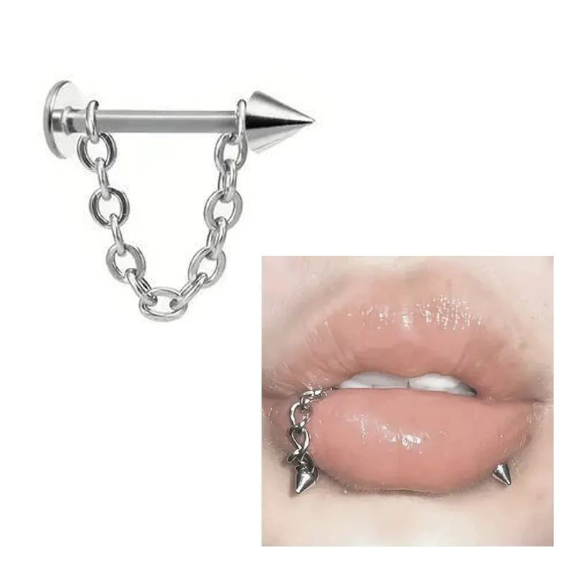 Wholesale Unisex Stainless Steel Geometric Lip Nail Chain Round Ball Pointed Cone Lip Ring One Nail Dual Purpose Curved Rod Chain Eyebrow Nail Ear Bone Nail Electroplated - Image 6