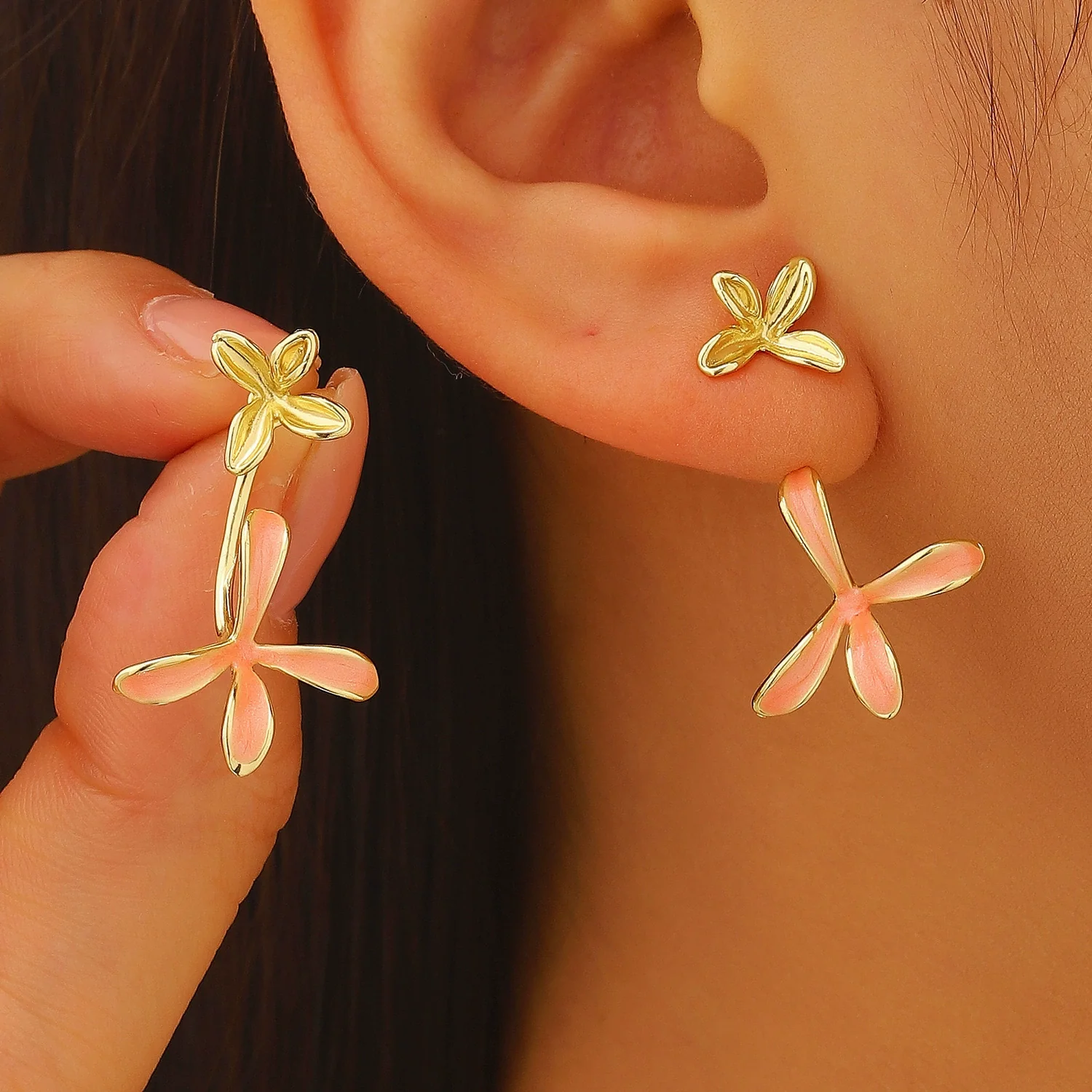 Wholesale Unisex Threedimensional Flower Enamel Colorblocking Earrings Made Of Environmentally Friendly Copper With 14K Gold Ear Needles And Electroplating Design - Image 6