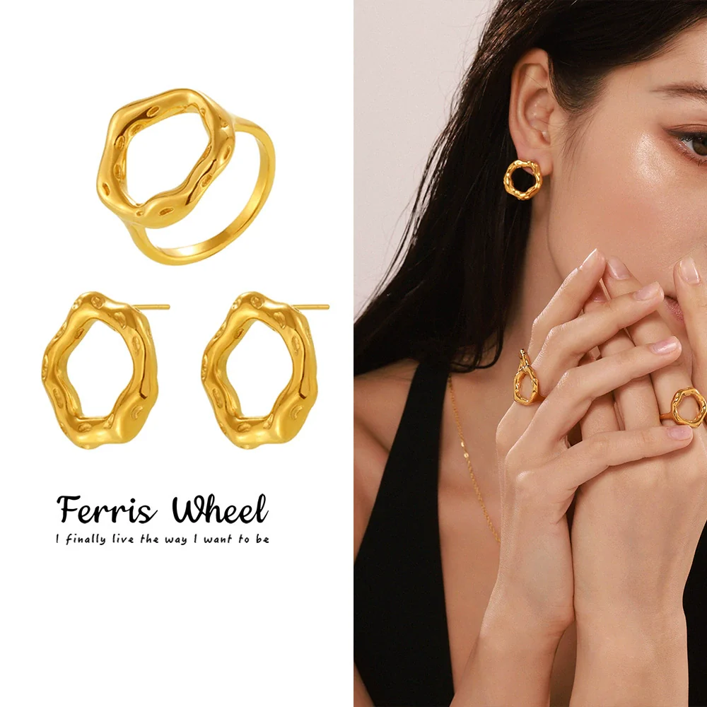 Wholesale Vintage Ferris Wheel Niche Ring And Earrings Set Stainless Steel 18K Gold Plated Women's Jewelry