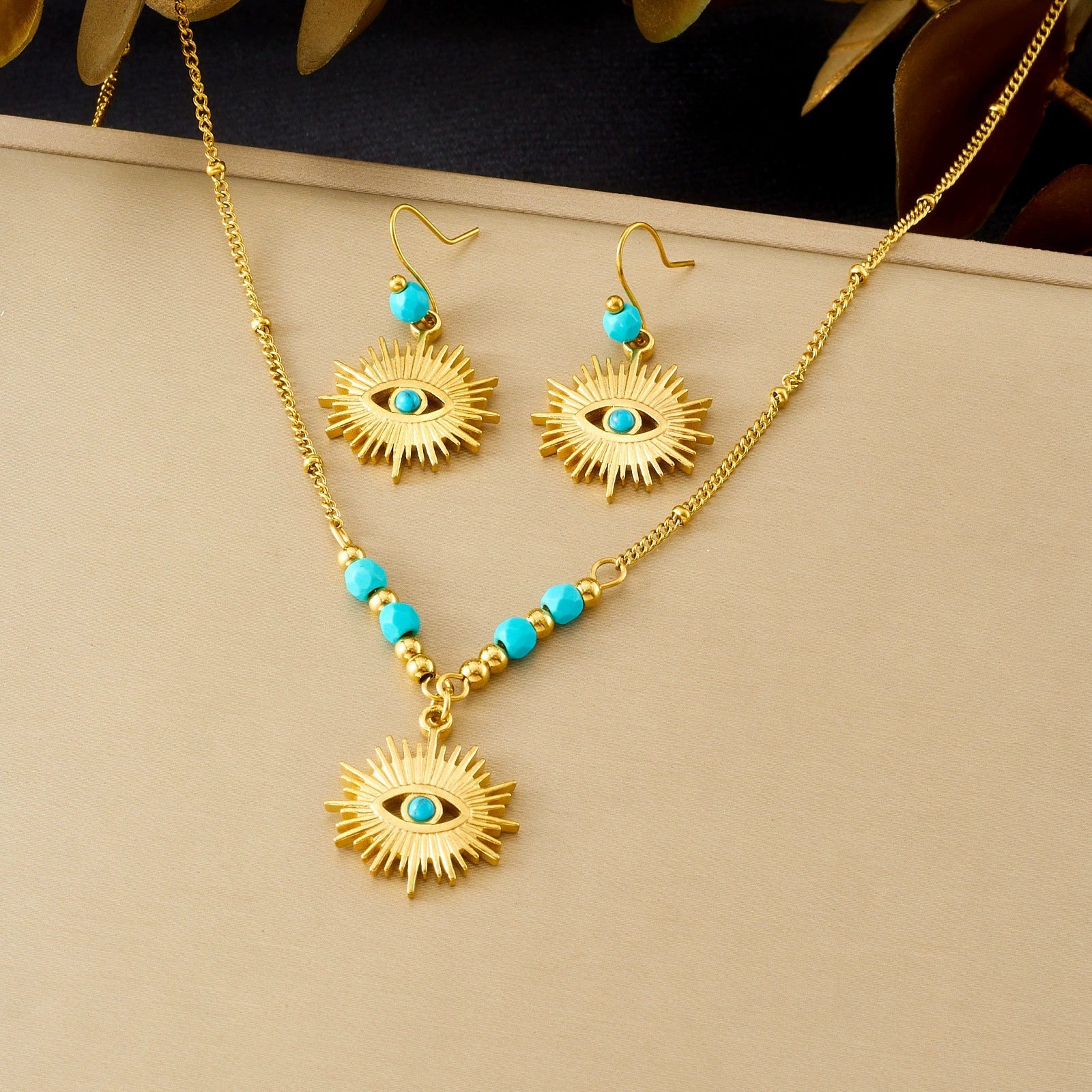 Wholesale Vintage Turquoise Beaded Blue Eye Stainless Steel Goldplated Pendant Jewelry Set For Women