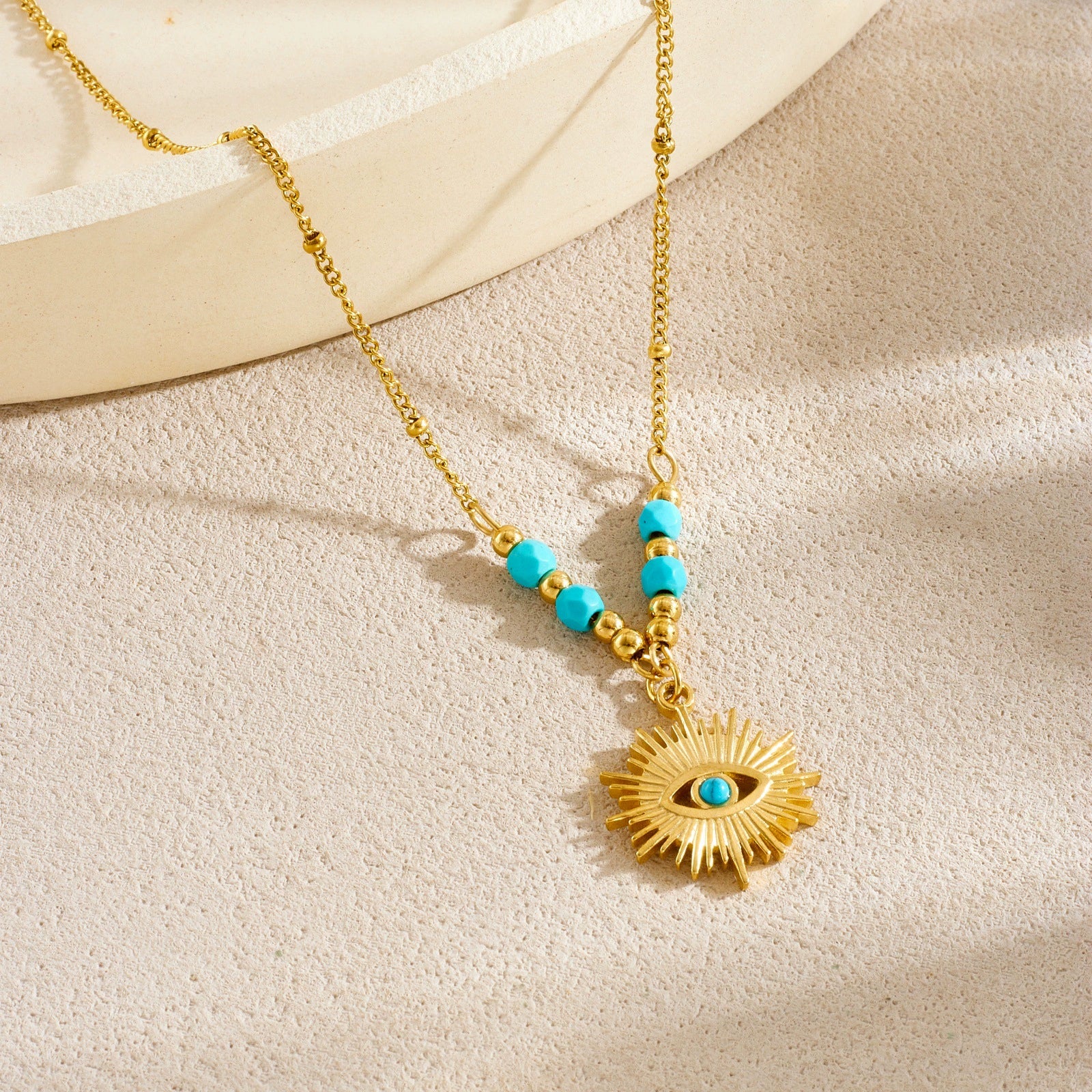 Wholesale Vintage Turquoise Beaded Blue Eye Stainless Steel Goldplated Pendant Jewelry Set For Women - Image 2