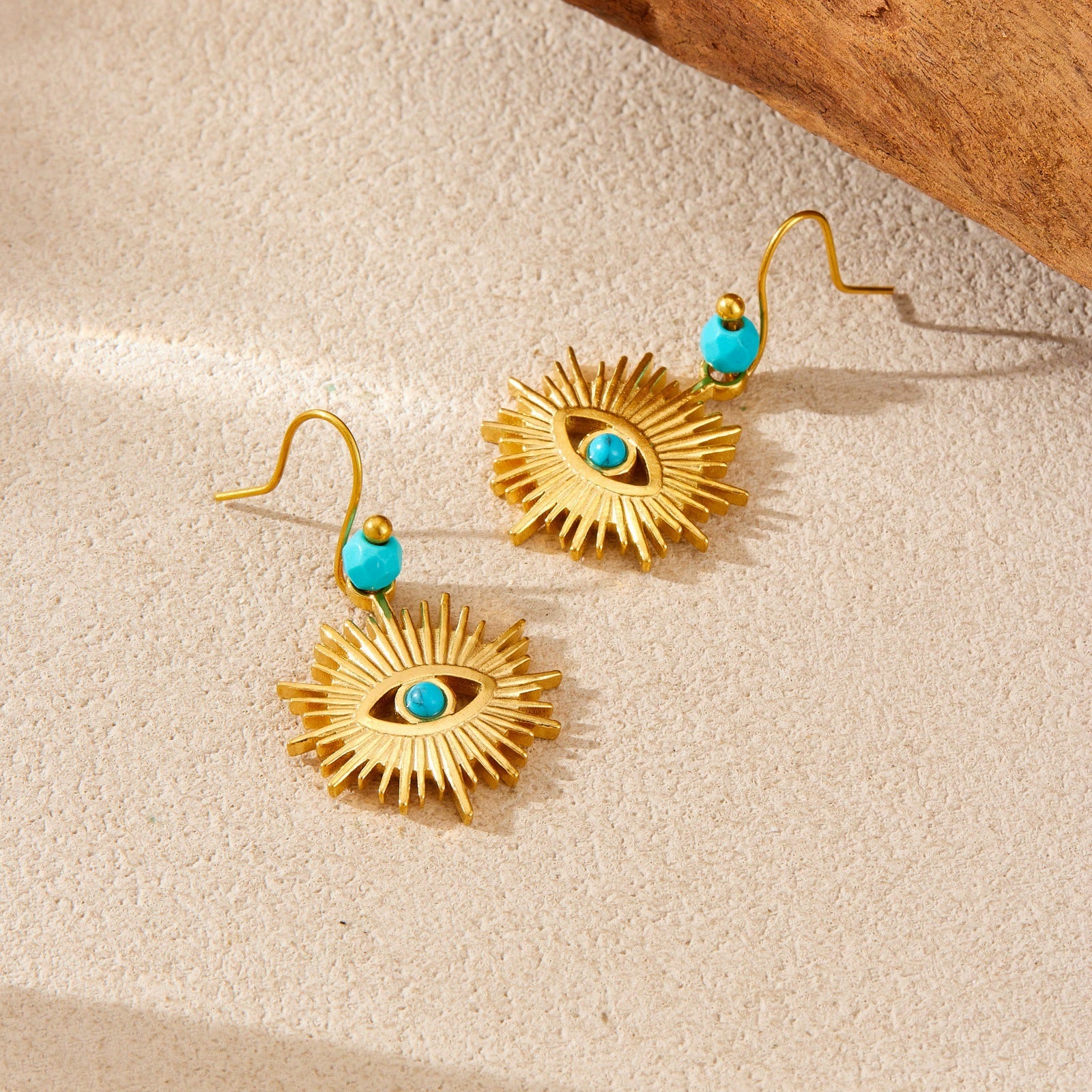 Wholesale Vintage Turquoise Beaded Blue Eye Stainless Steel Goldplated Pendant Jewelry Set For Women - Image 3