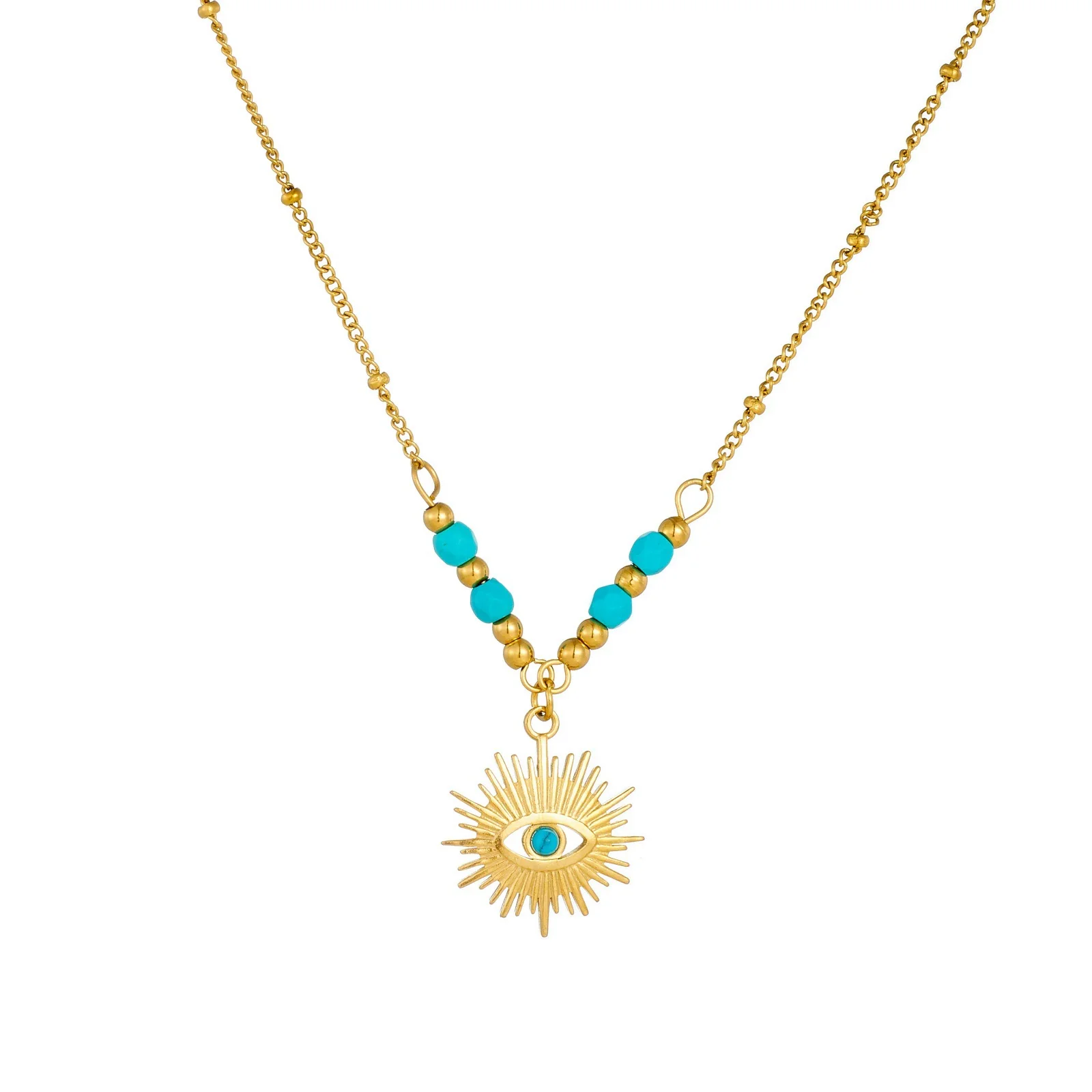 Wholesale Vintage Turquoise Beaded Blue Eye Stainless Steel Goldplated Pendant Jewelry Set For Women - Image 5
