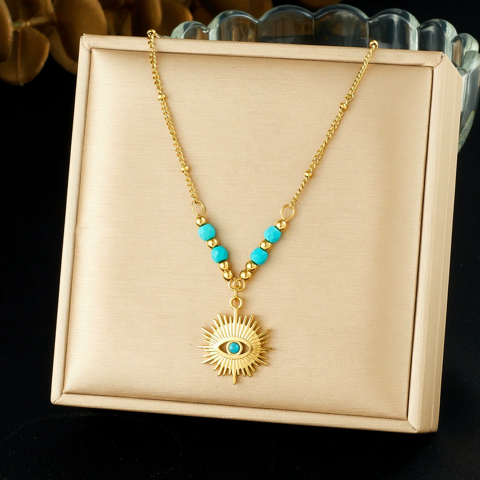 Wholesale Vintage Turquoise Beaded Blue Eye Stainless Steel Goldplated Pendant Jewelry Set For Women - Image 6