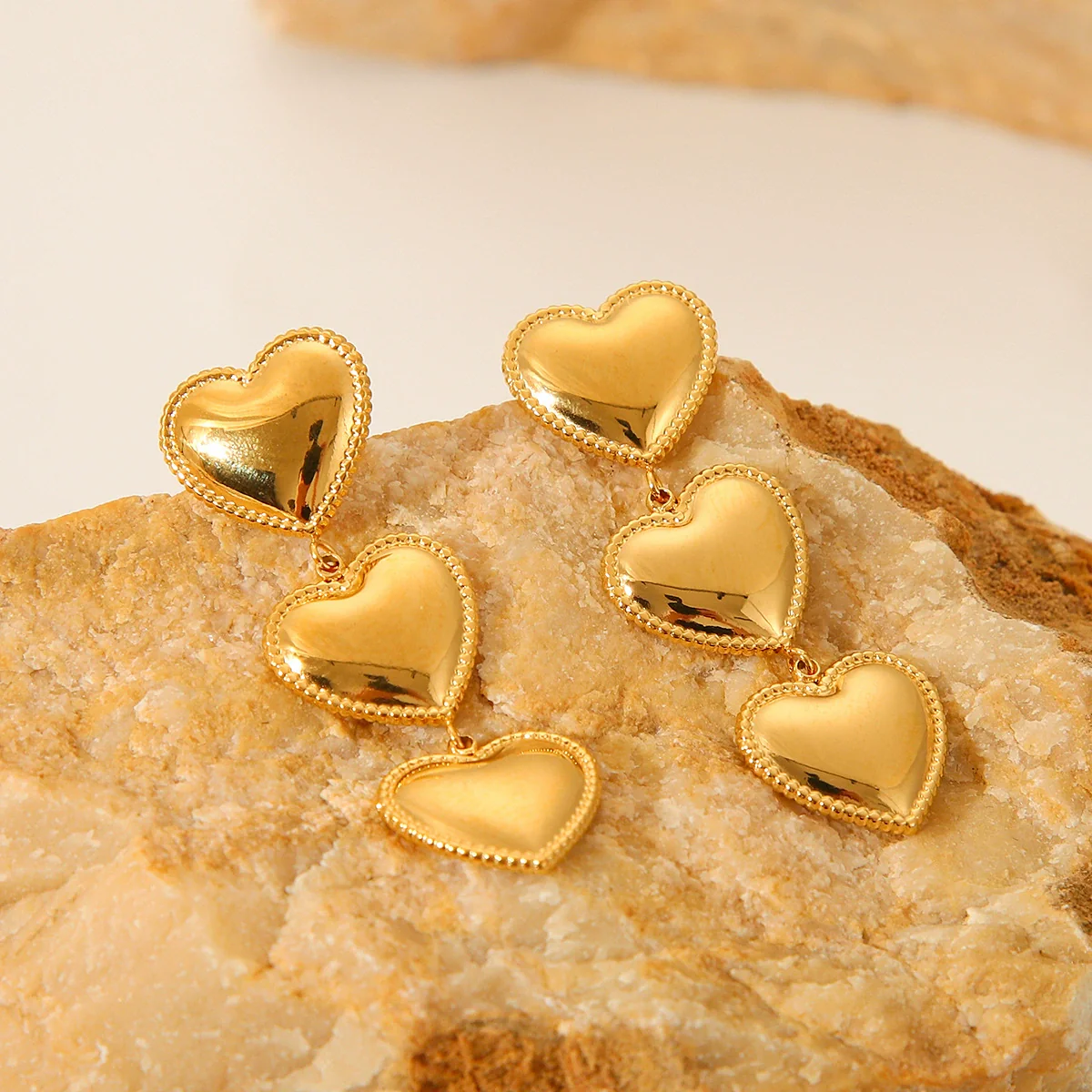 Wholesale Women's 18K Goldplated Stainless Steel Geometric Heart Love Tassel Threelayer Trim Earrings