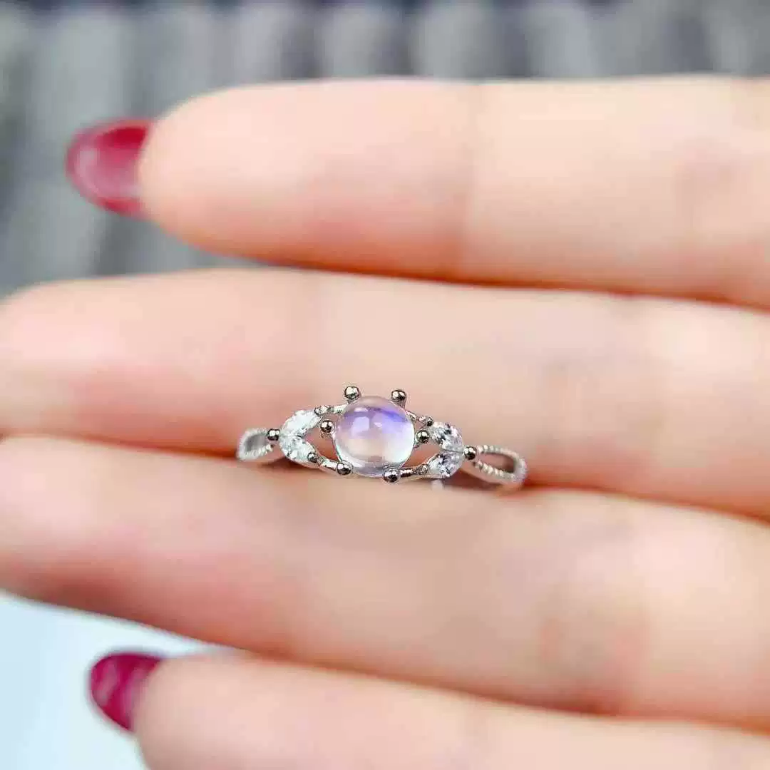 Wholesale Women's 925 Silver Electroplated Geometric Round Blue Moonstone Ring