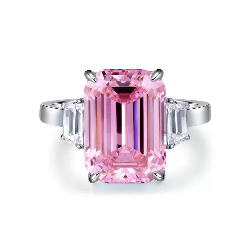 Wholesale Women's 925 Silver Ring With Emerald Cut Pink Diamond Zircon Geometric Style And Electroplating Treatment - Image 4