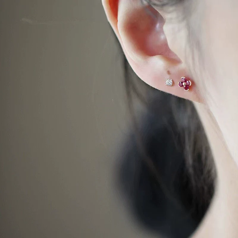 Wholesale Women's 925 Sterling Silver Flower Stud Earrings With Red Diamond And Red Corundum 14K Gold Plated - Image 4