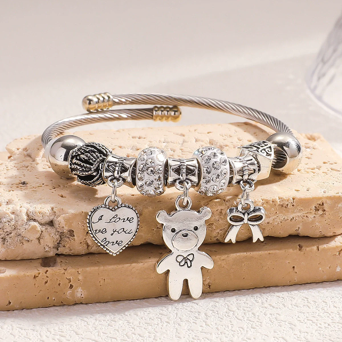 Wholesale Women's Adjustable Bracelet With Bear Heart Bow Design Alloy Electroplated Jewelry - Image 2