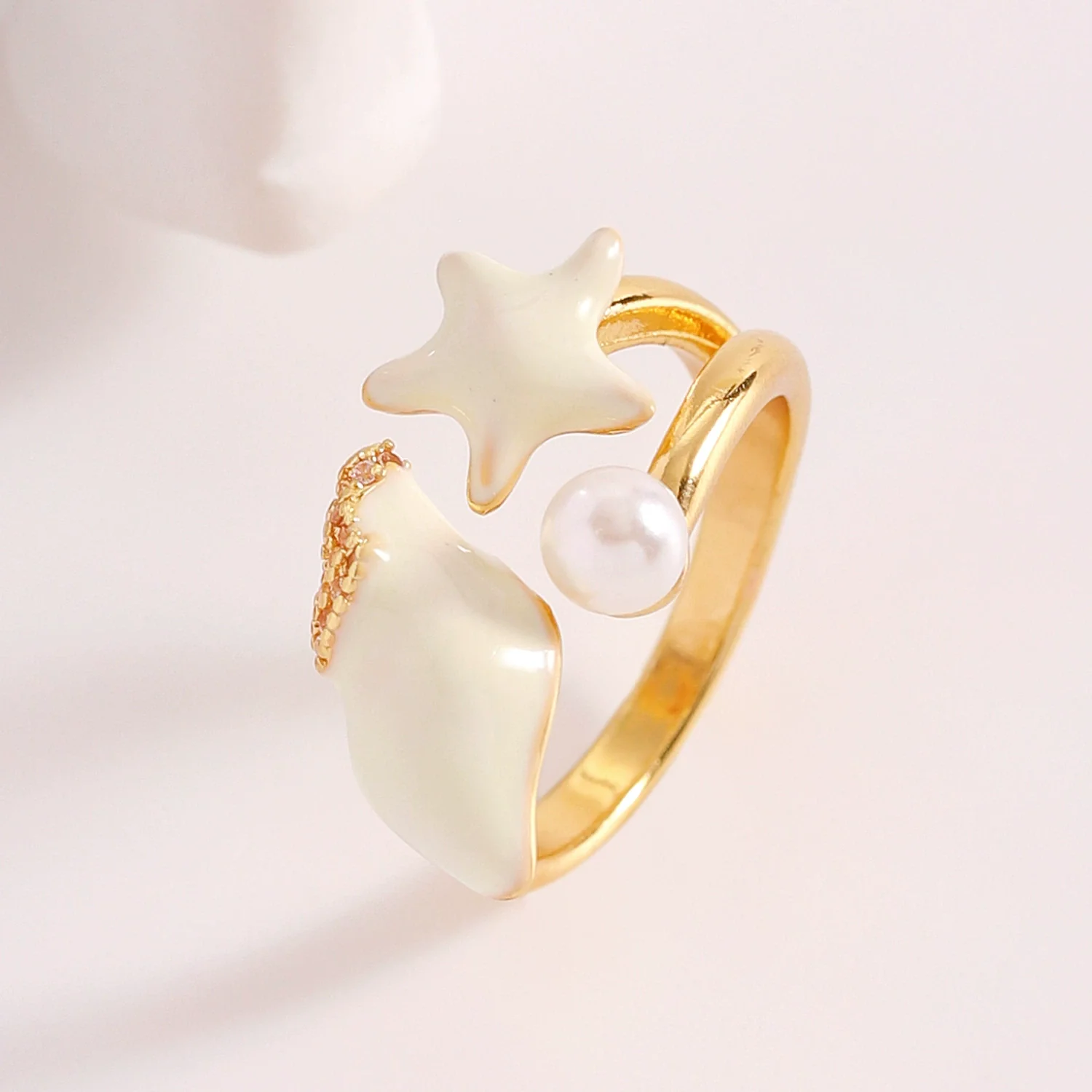 Wholesale Women's Adjustable Enamel Pearl Zircon Ring Set With Turtle Starfish And Shell Design Featuring Drip Glaze Process - Image 7