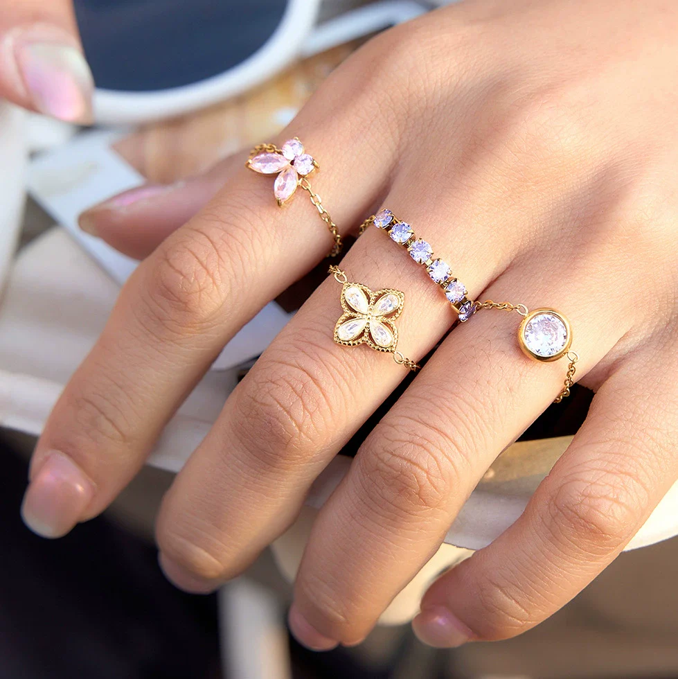 Wholesale Women's Adjustable Pullout Geometric Stainless Steel Ring With Vacuum Real Gold Plating - Image 2