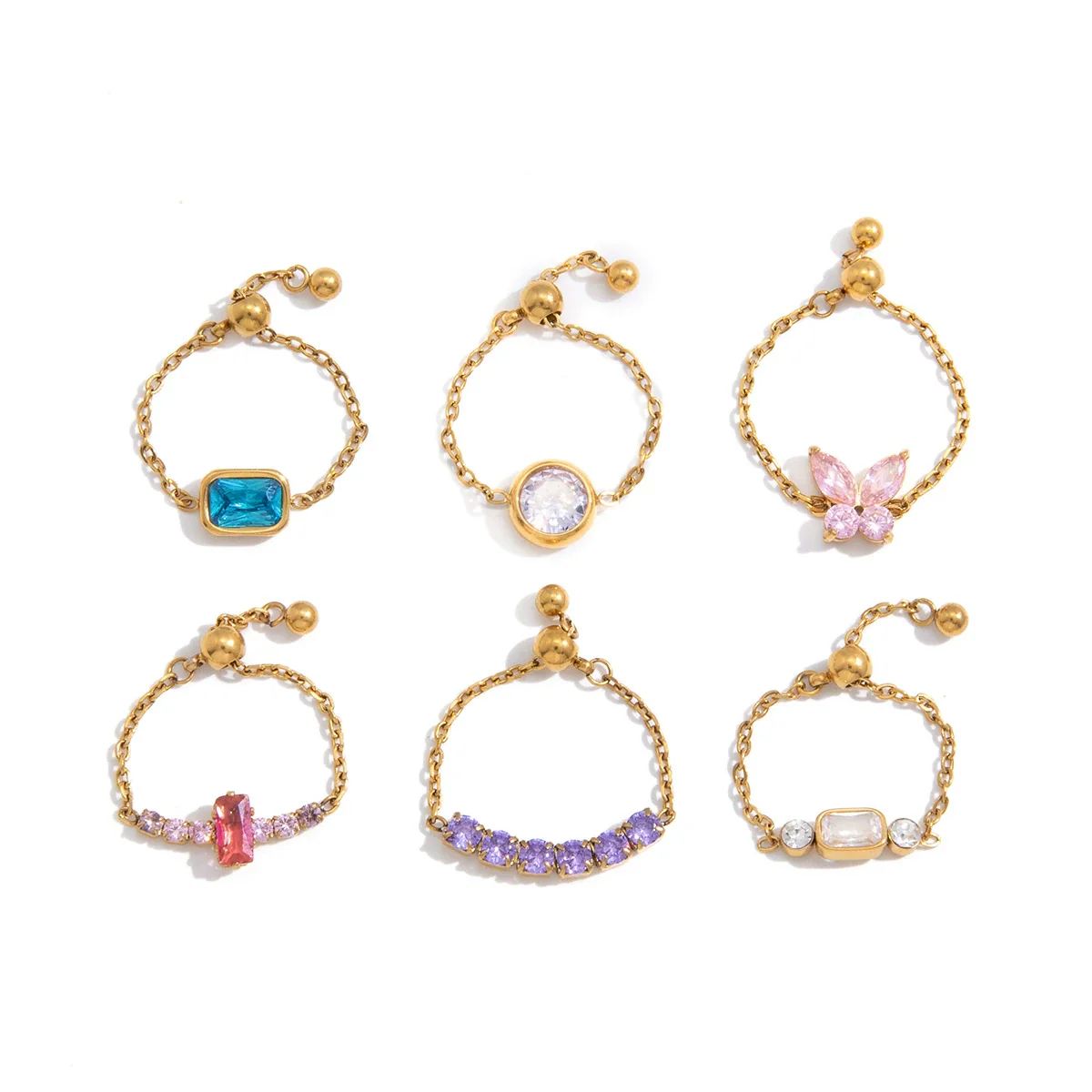 Wholesale Women's Adjustable Pullout Geometric Stainless Steel Ring With Vacuum Real Gold Plating - Image 5