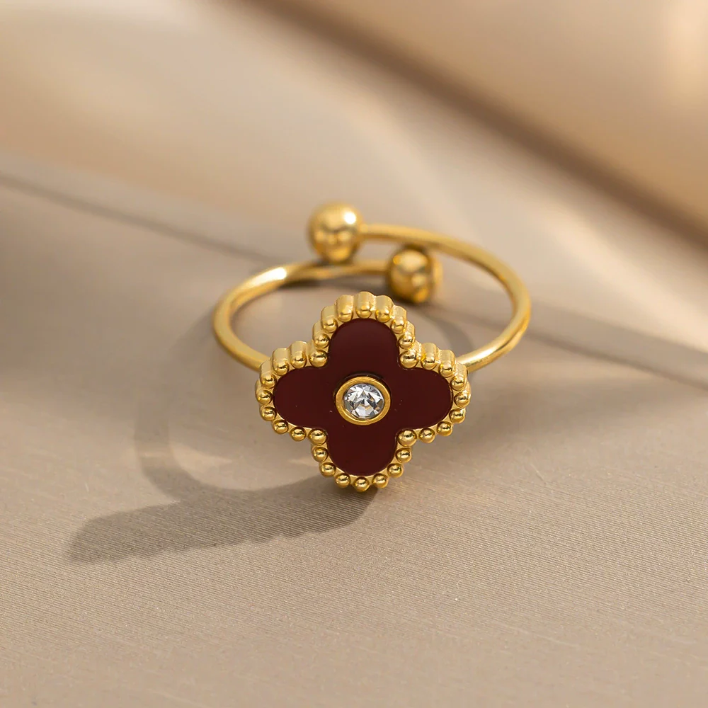 Wholesale Women's Adjustable Titanium Steel Fourleaf Clover Ring With Electroplating Process - Image 14