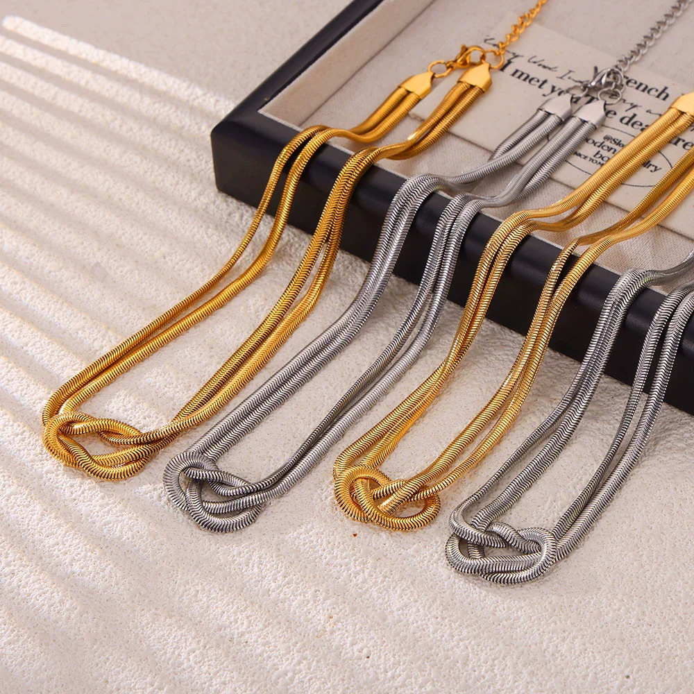 Wholesale Women's Allmatch Snake Bone Chain Jewelry Suit With Weaving Knot Design Goldplated Titanium Steel - Image 2