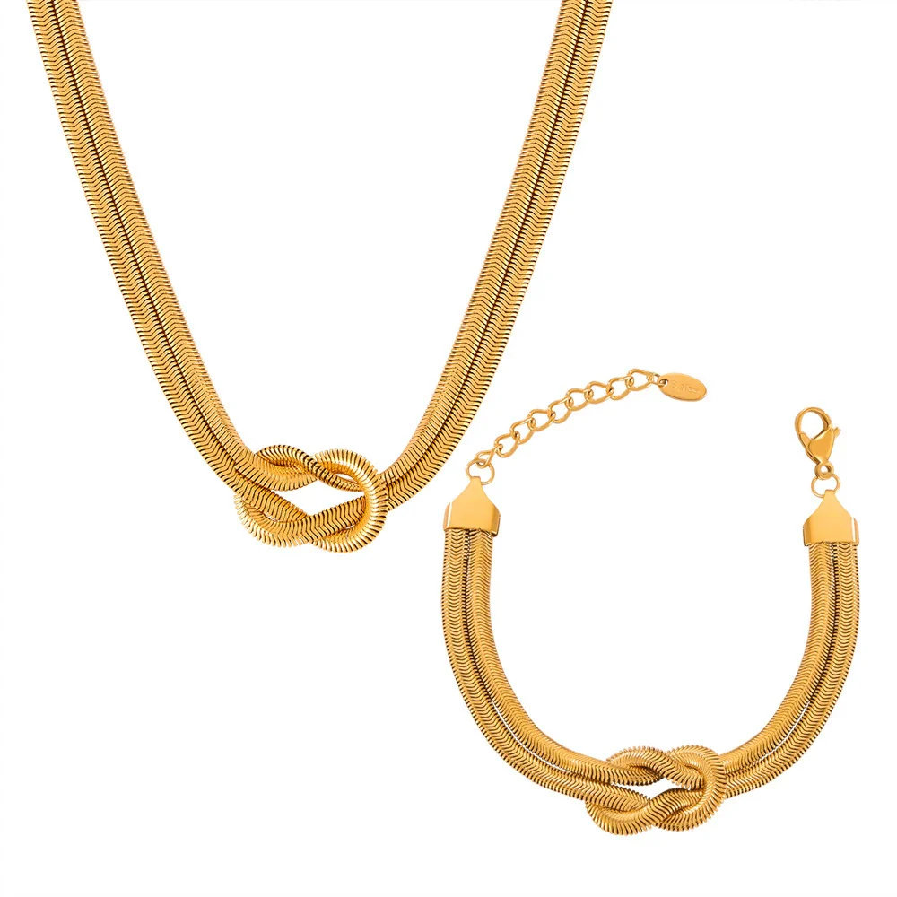 Wholesale Women's Allmatch Snake Bone Chain Jewelry Suit With Weaving Knot Design Goldplated Titanium Steel - Image 5
