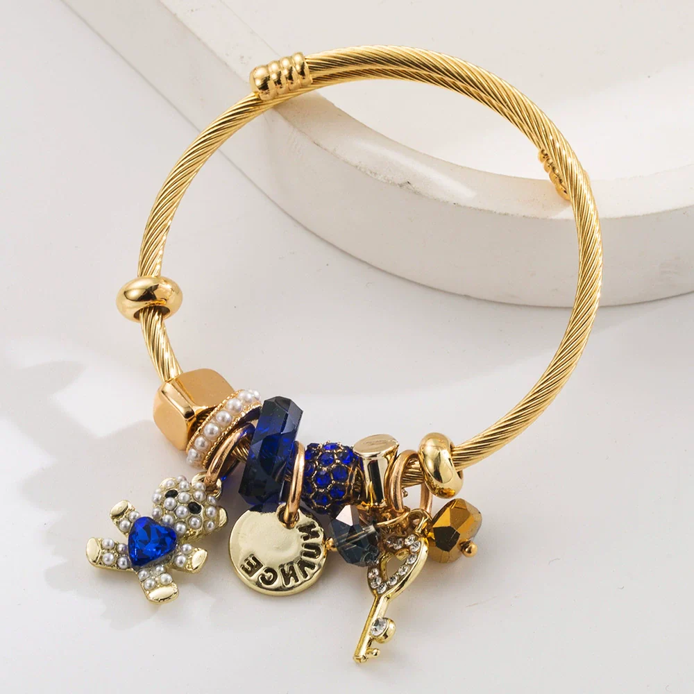 Wholesale Women's Alloy And Titanium Steel Bracelet With Bear Key Crystal Pendant - Image 3