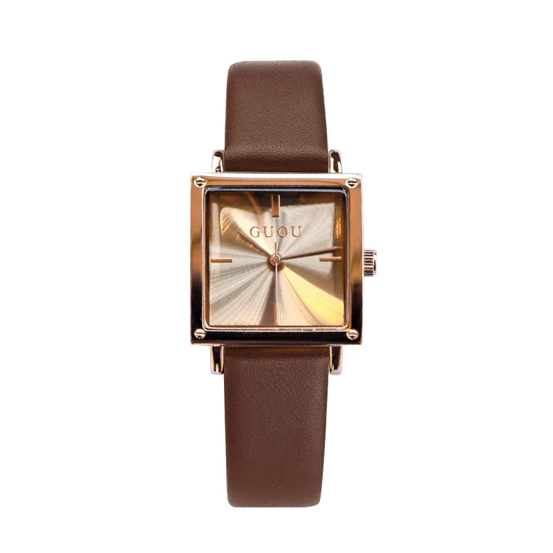 Wholesale Women's Alloy Case Genuine Leather Strap Rectangle Dial Retro Fashion Waterproof Quartz Watch With Rose Gold Clasp - Image 5
