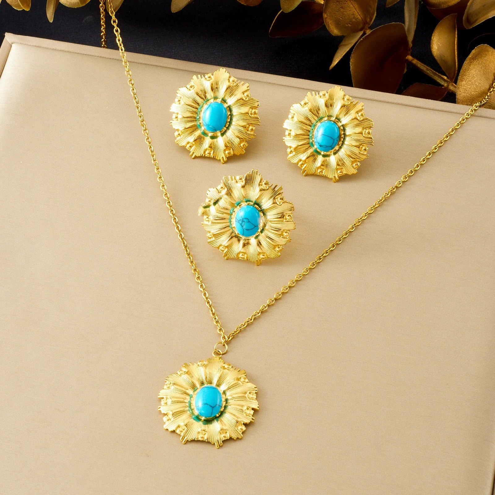 Wholesale Women's Ancient Style Plants And Flowers Pattern Gold Plated Stainless Steel Jewelry Set Including Earrings Necklaces And Bracelets