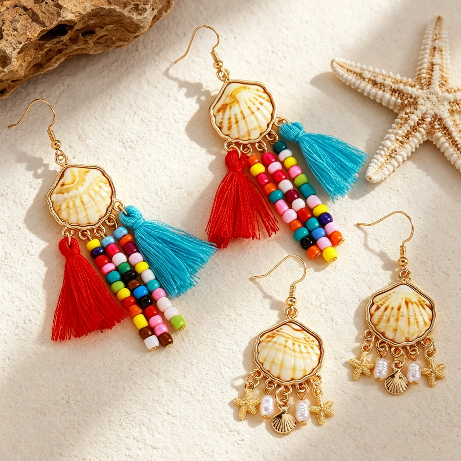 Wholesale Women's Animal Zodiac Pattern Iron Electroplated Shell Tassel Seed Bead Earrings - Image 3