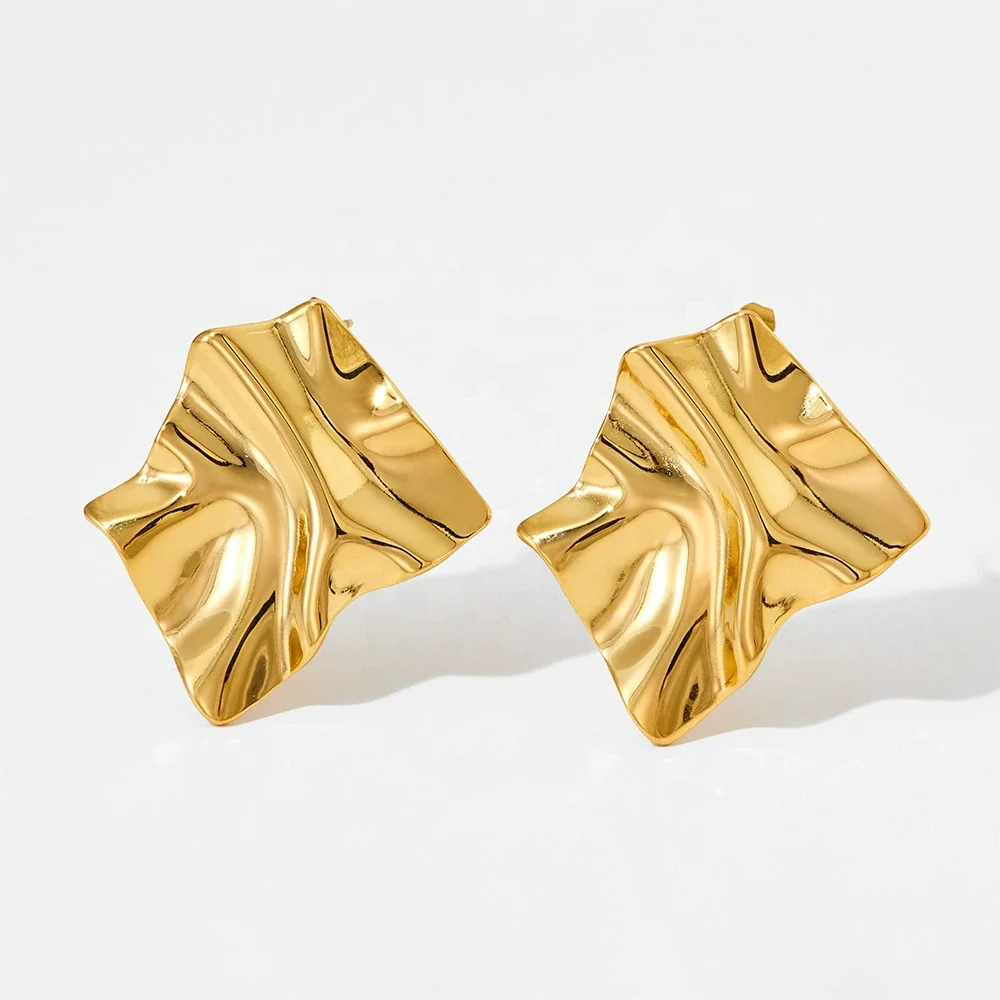 Wholesale Women's Asymmetrical Geometric Pleated Stainless Steel Earrings With Pvd Furnace Vacuum Real Gold Plating - Image 5