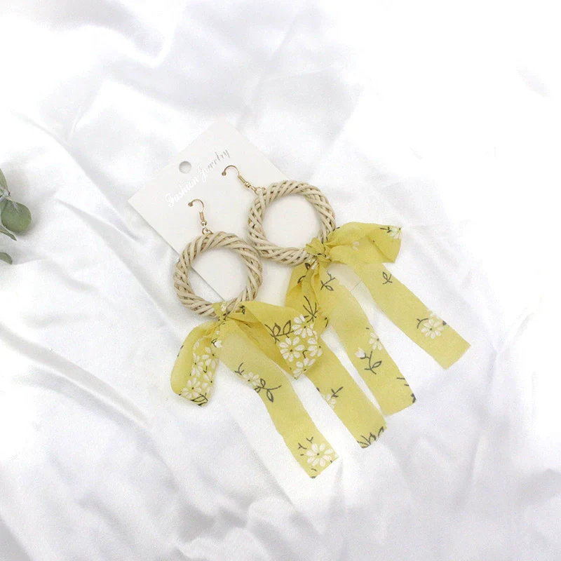 Wholesale Women's Bohemian Style Silk Straw Earrings With Doll Pattern And Ribbon Tassel - Image 6