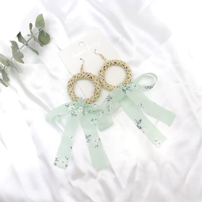 Wholesale Women's Bohemian Style Silk Straw Earrings With Doll Pattern And Ribbon Tassel - Image 8