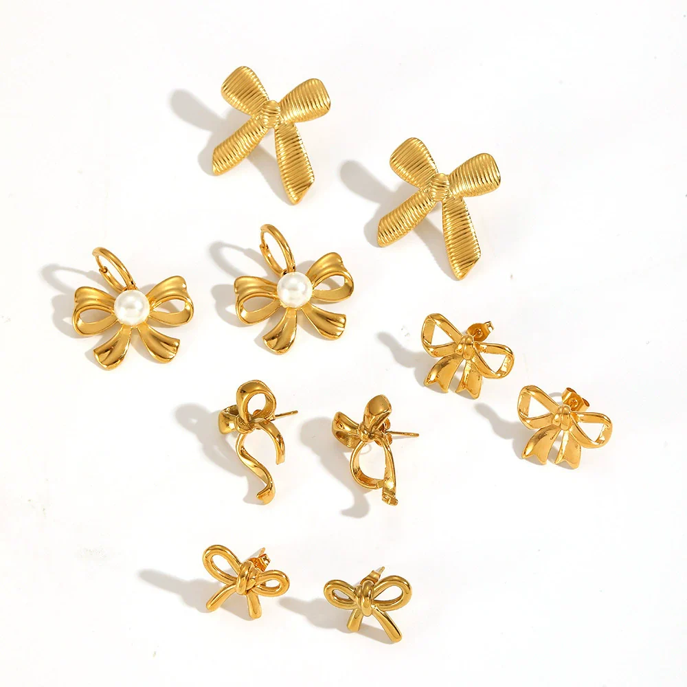 Wholesale Women's Bow Tie Pattern Stainless Steel Earrings With Pvd Furnace Vacuum Real Gold Plating - Image 3