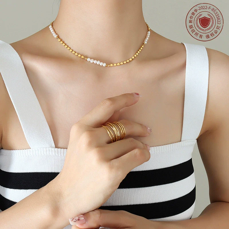 Wholesale Women's Casual Fashionable Nonfading Electroplated Brass And Freshwater Pearl Geometric Splicing Necklace Jewelry - Image 2