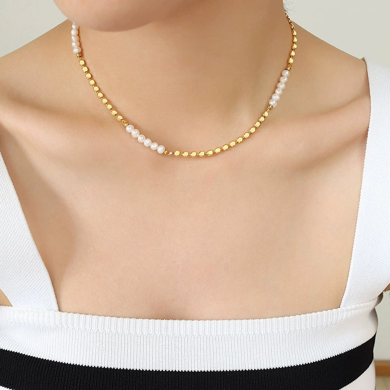 Wholesale Women's Casual Fashionable Nonfading Electroplated Brass And Freshwater Pearl Geometric Splicing Necklace Jewelry - Image 3