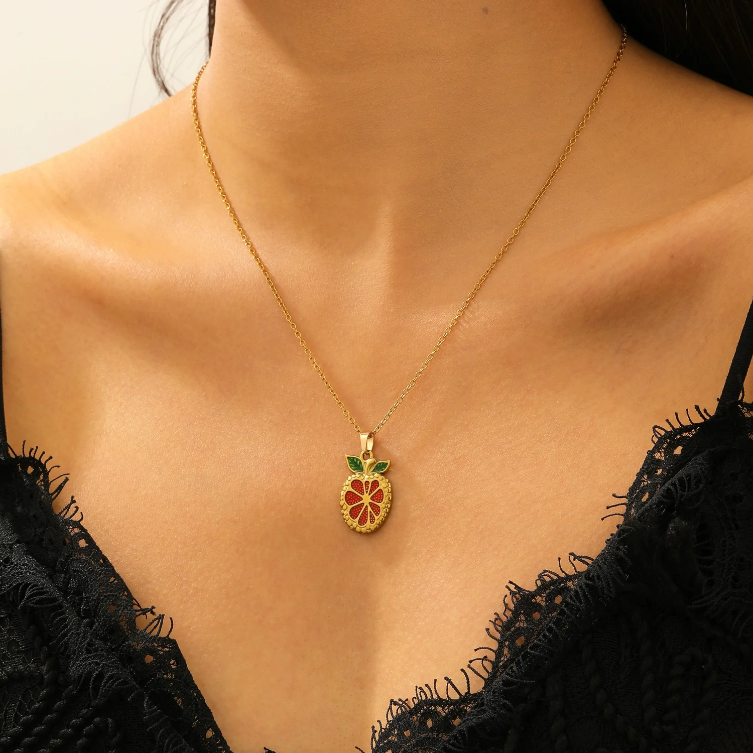 Wholesale Women's Casual Fruit Shape Stainless Steel 18K Real Gold Plated Necklace With Cross Round Chain - Image 3