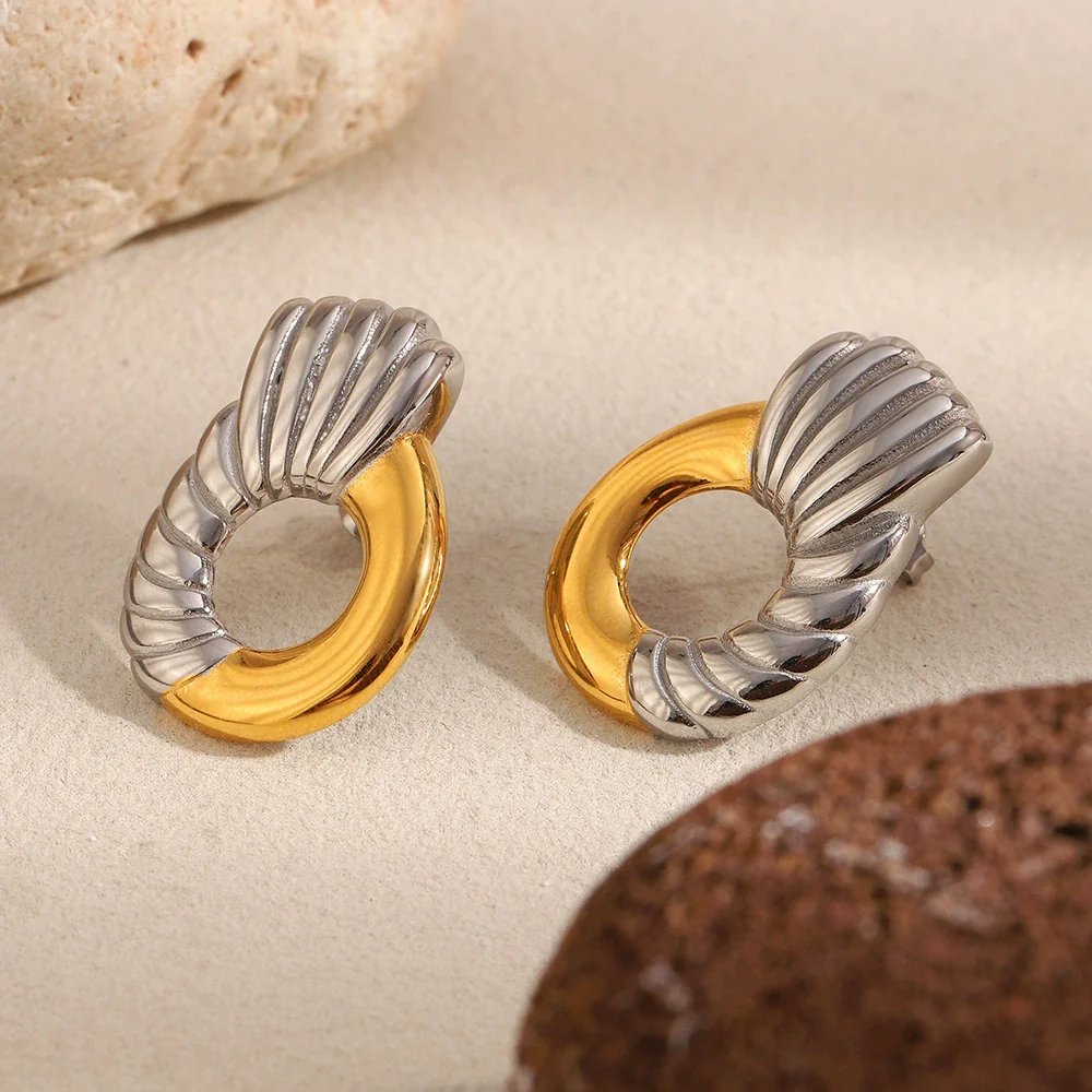 Wholesale Women's Casual Geometric Stainless Steel 18K Gold Plated Spliced Twill Ring Earrings - Image 4