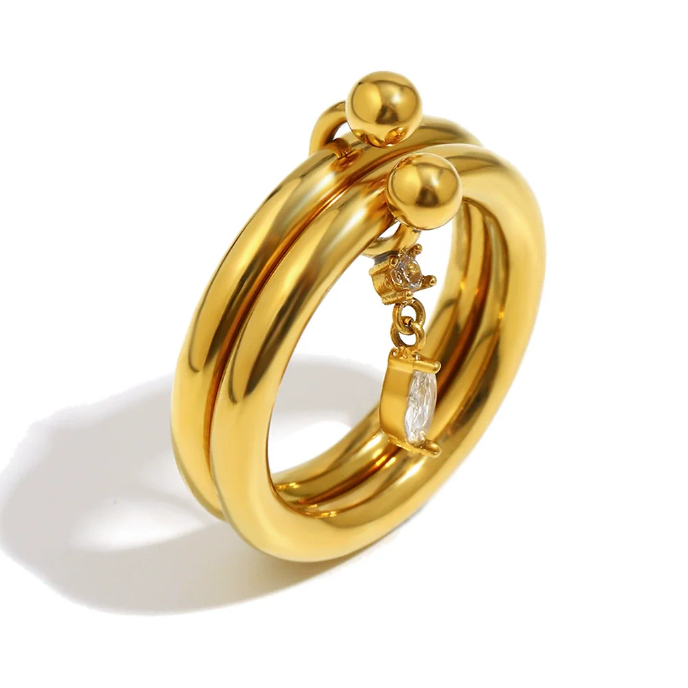 Wholesale Women's Casual Geometric Stainless Steel 18K Goldplated Handdecorated Doublelayer Ultrafine Marquise Water Drop Zirconium Ring - Image 6