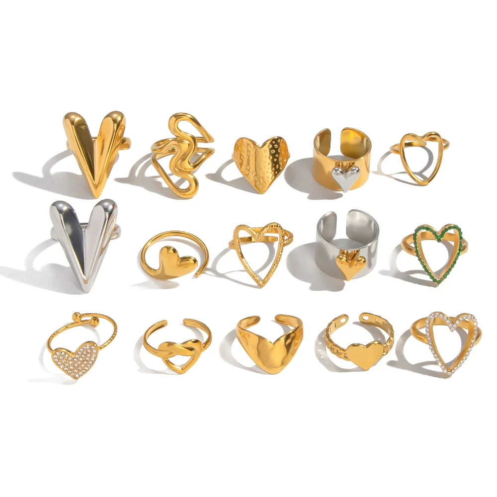 Wholesale Women's Casual Heart Shape Stainless Steel Diamondencrusted Open Ring With Pvd Furnace Vacuum Real Gold Plating - Image 5