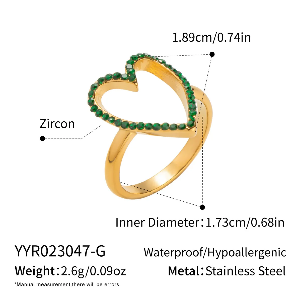 Wholesale Women's Casual Heart Shape Stainless Steel Diamondencrusted Open Ring With Pvd Furnace Vacuum Real Gold Plating - Image 6