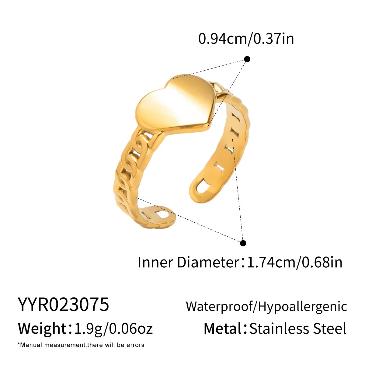 Wholesale Women's Casual Heart Shape Stainless Steel Diamondencrusted Open Ring With Pvd Furnace Vacuum Real Gold Plating - Image 8