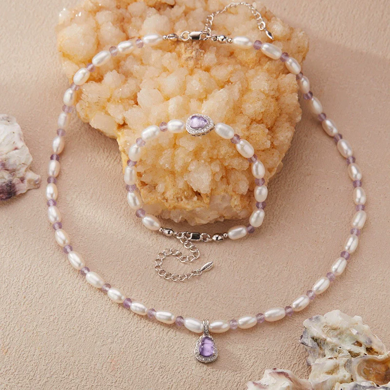 Wholesale Women's Clavicle Chain Jewelry Natural Amethyst Freshwater Pearl S925 Sterling Silver Geometric Style