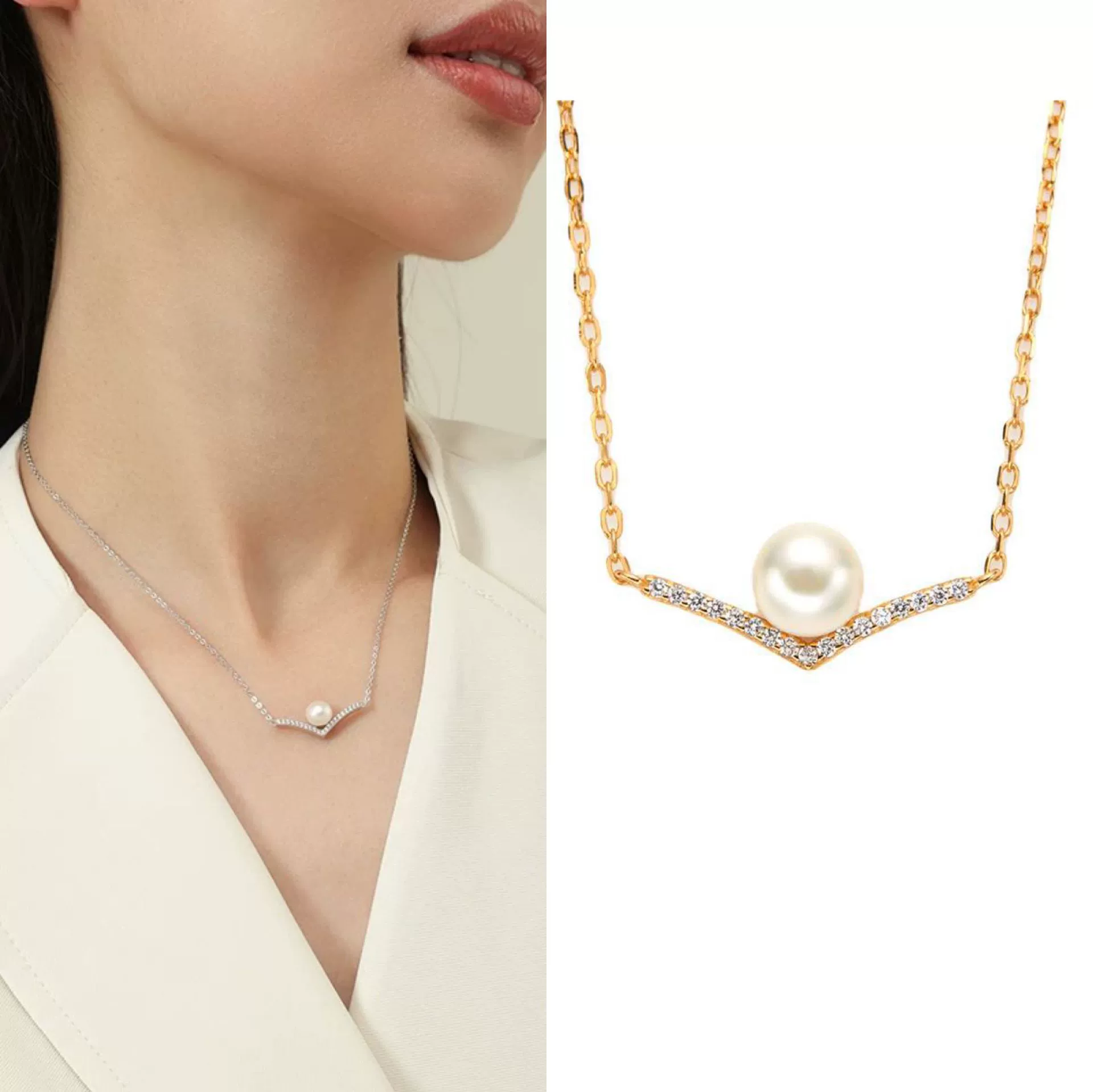 Wholesale Women's Cold Style Light Luxury Niche Design Geometric S925 Sterling Silver And Natural Freshwater Pearl Pendant Necklace Set With Gems - Image 2