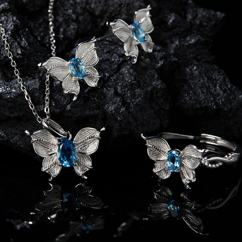 Wholesale Women's Colored Gemstone Necklace Butterfly Style S925 Sterling Silver Inlaid With Natural Sapphire Tanzanite Animal Zodiac Design - Image 2