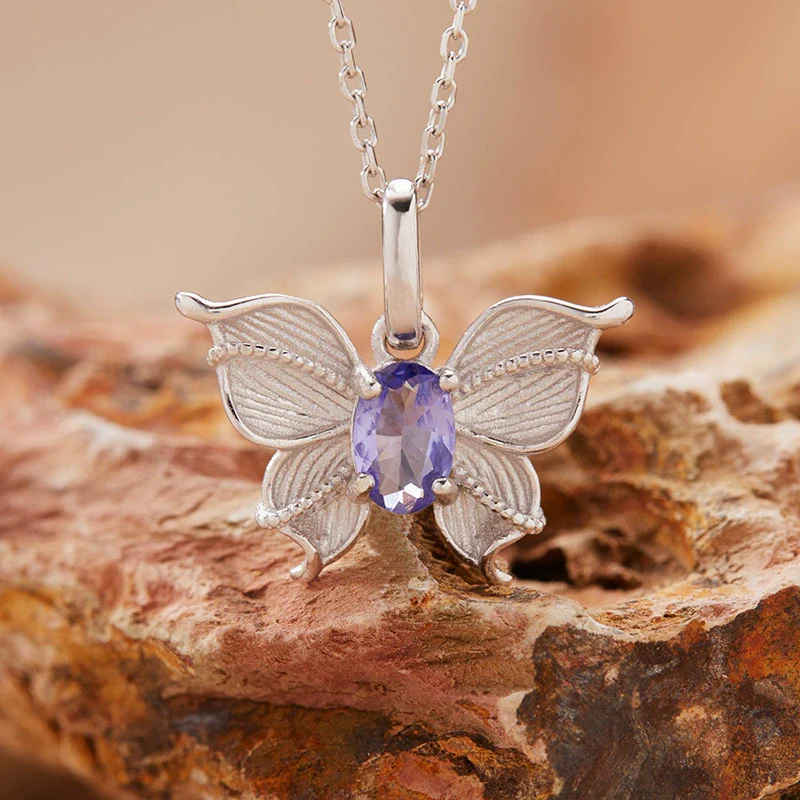 Wholesale Women's Colored Gemstone Necklace Butterfly Style S925 Sterling Silver Inlaid With Natural Sapphire Tanzanite Animal Zodiac Design - Image 3