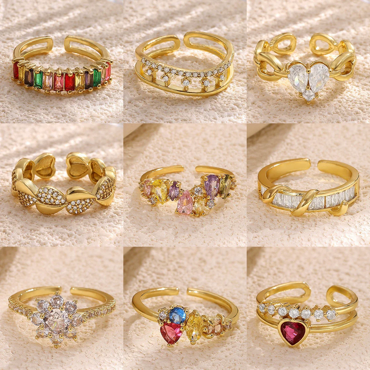 Wholesale Women's Colorful Zircon Geometric Heartshaped Copper Ring Inlaid With Gold