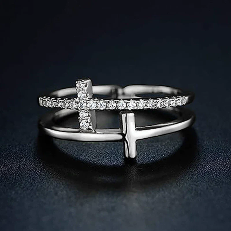 Wholesale Women's Copper Geometric Cut Out Doublelayer Ring With Zirconia Microset - Image 2