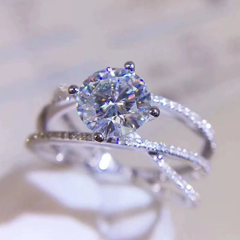 Wholesale Women's Copper Geometric Zircon Diamond Ring Double Layer Winding Four Claw Engagement Ring