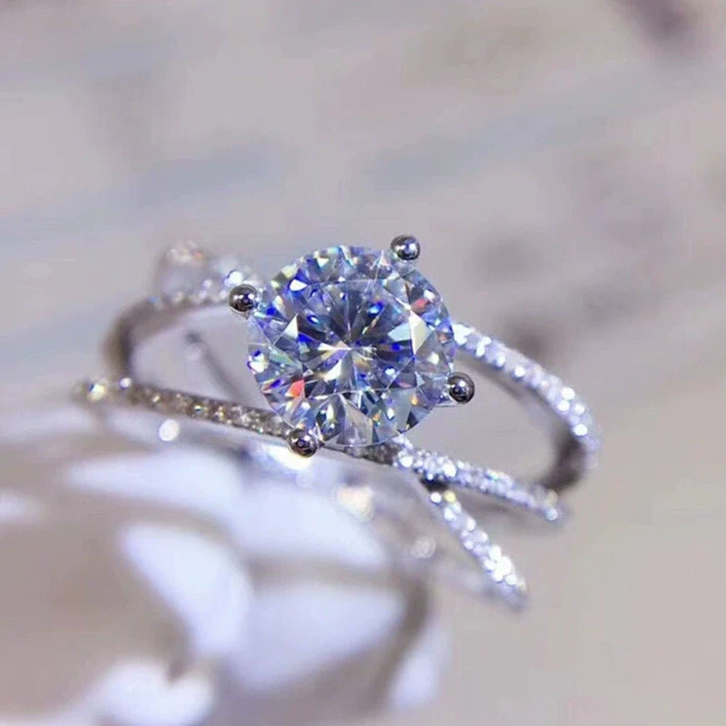 Wholesale Women's Copper Geometric Zircon Diamond Ring Double Layer Winding Four Claw Engagement Ring - Image 3
