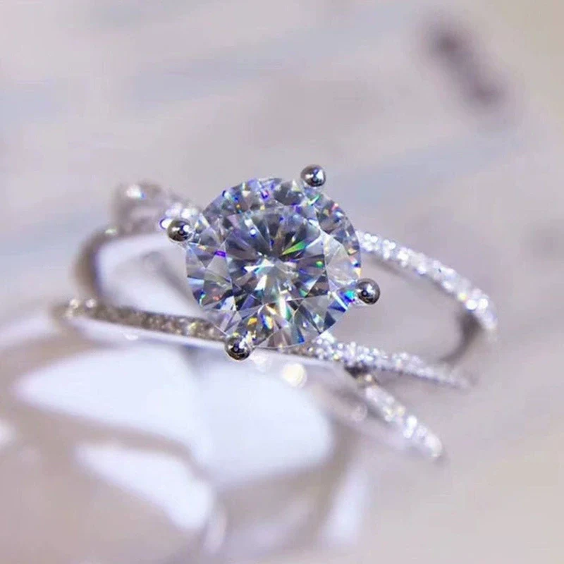 Wholesale Women's Copper Geometric Zircon Diamond Ring Double Layer Winding Four Claw Engagement Ring - Image 4