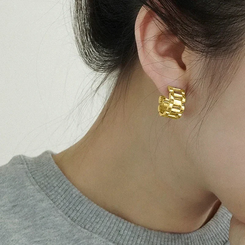 Wholesale Women's Copper Geometric Zircon Earrings With Metallic Strap And Niche Design - Image 3